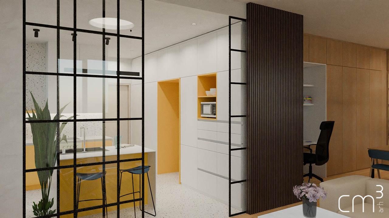 stan PPV - pogled iz dvnevnog boravka prema servisnom zidu kuhinje