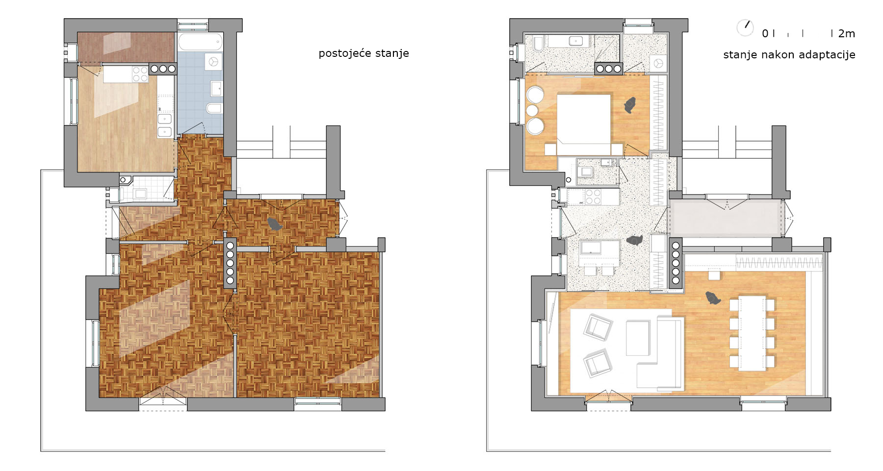 tlocrti stana PPV prije i nakon adaptacije